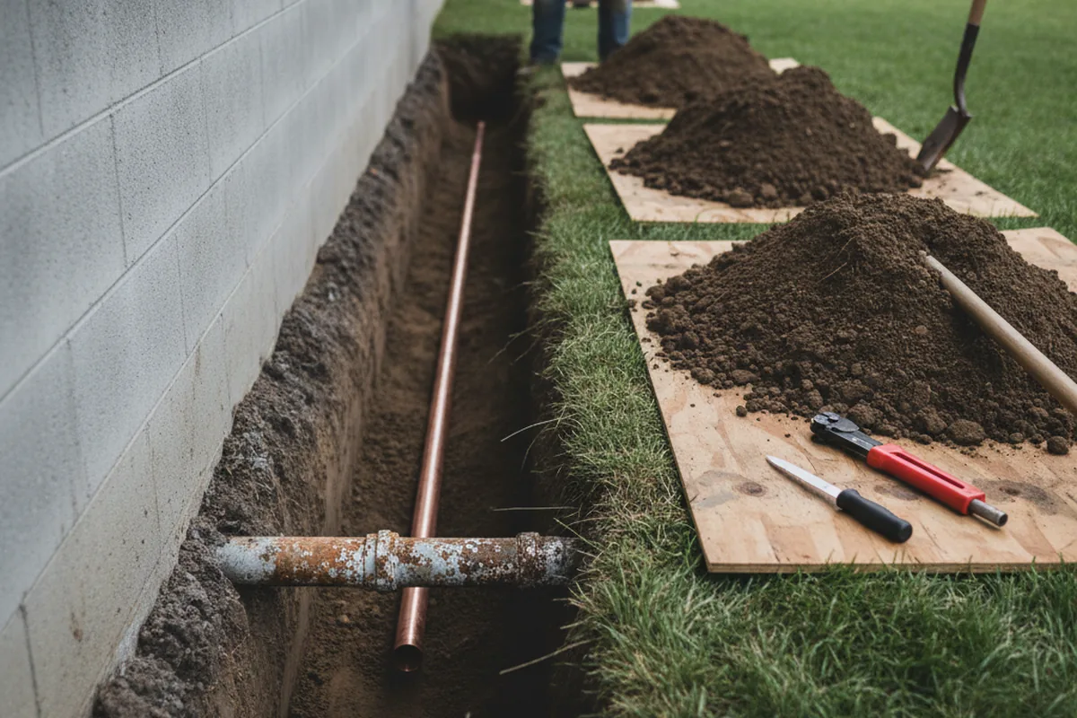 Excavated water line trench during Sewer Line Repair in Kailua